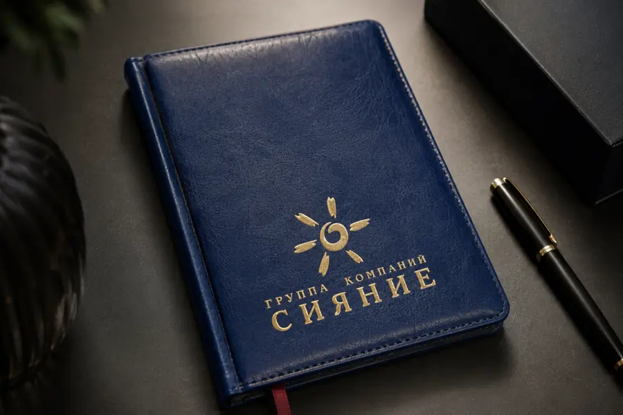 Золотое тиснение фольгой логотипа группы компаний «Сияние» на синем ежедневнике