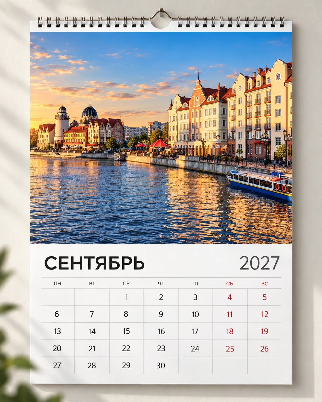 Месячный лист настенного перекидного календаря: сентябрь 2027 года с фотографией Калининграда