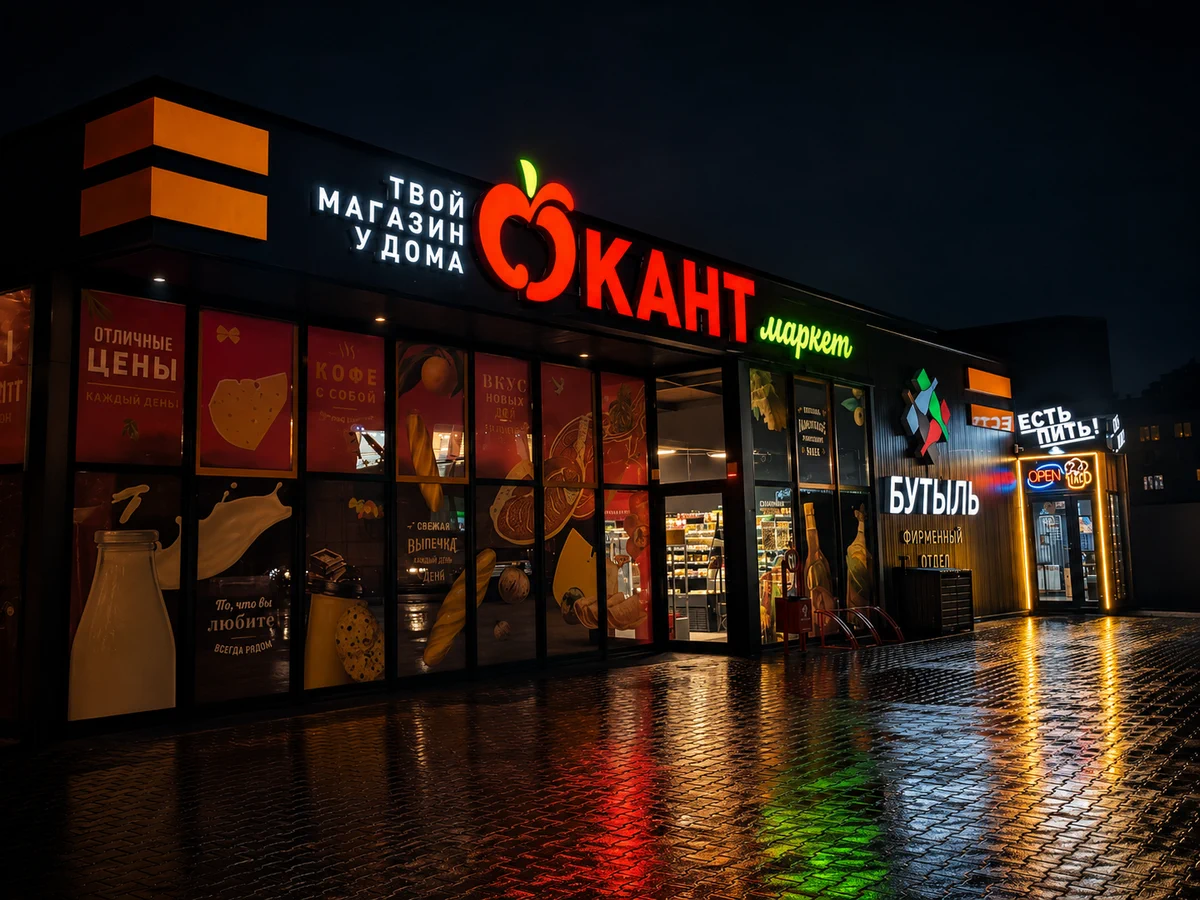 Оформление фасадов магазинов «Кант» и «Бутыль» вывесками, витринами и навигацией