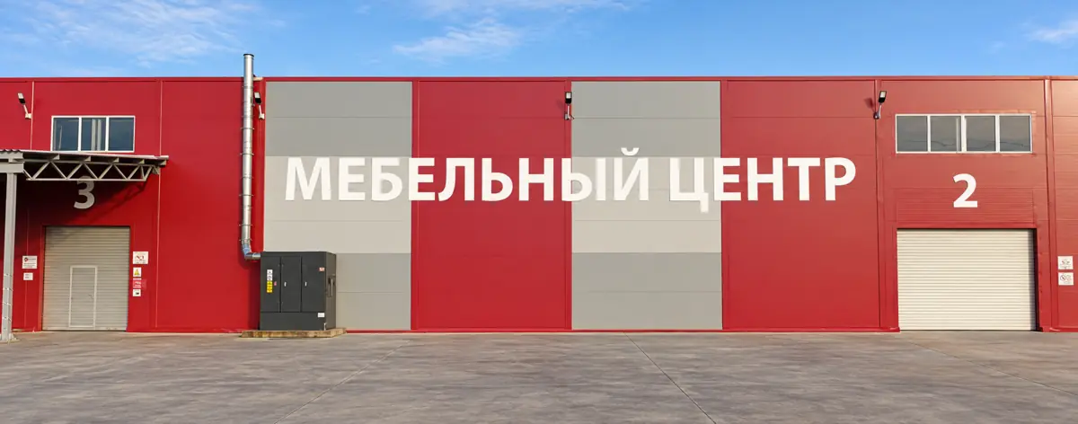 Несветовая вывеска «Мебельный центр» на фасаде здания