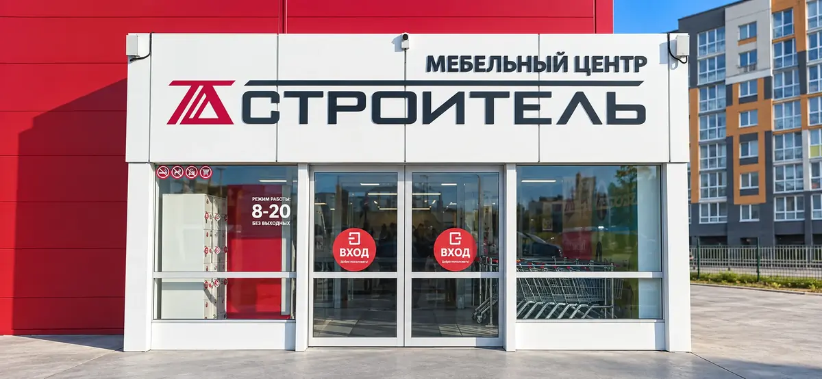 Несветовые буквы на фасаде мебельного центра «Строитель»