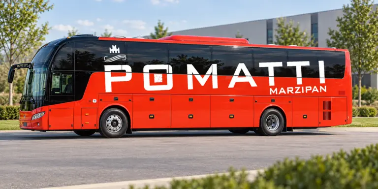 Красный автобус с крупным логотипом Pomatti