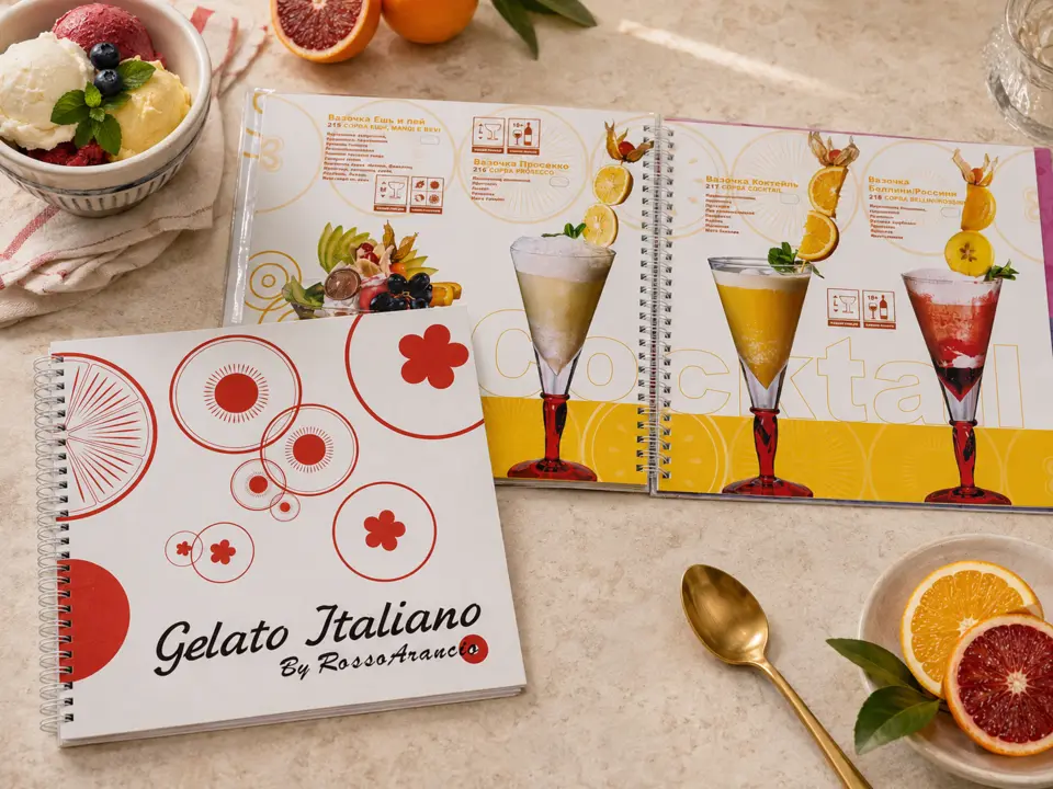 Меню Gelato Italiano в твёрдой обложке на металлической пружине