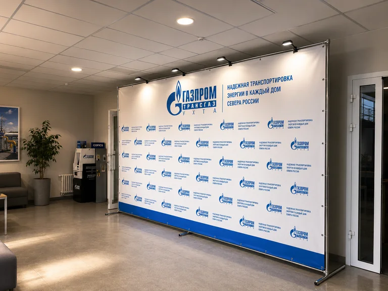 Пресс-волл с логотипами «Газпром трансгаз» в офисном помещении