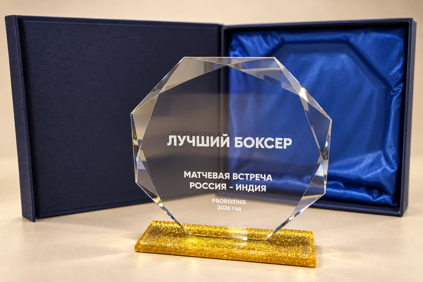 Прозрачная гранёная награда Лучший боксёр на золотистом основании рядом с футляром с синей подкладкой