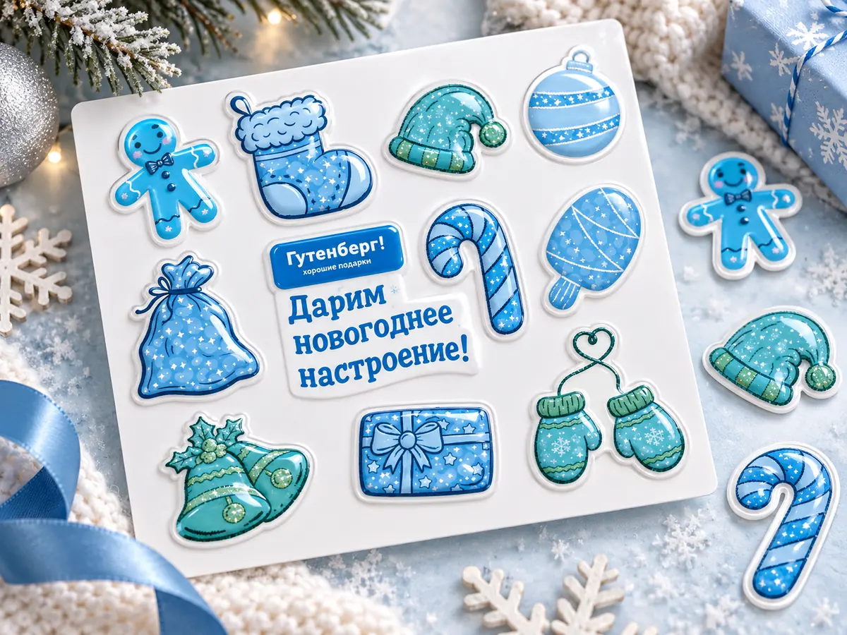 Новогодний стикерпак Гутенберг с объёмными наклейками и заливкой эпоксидной смолой