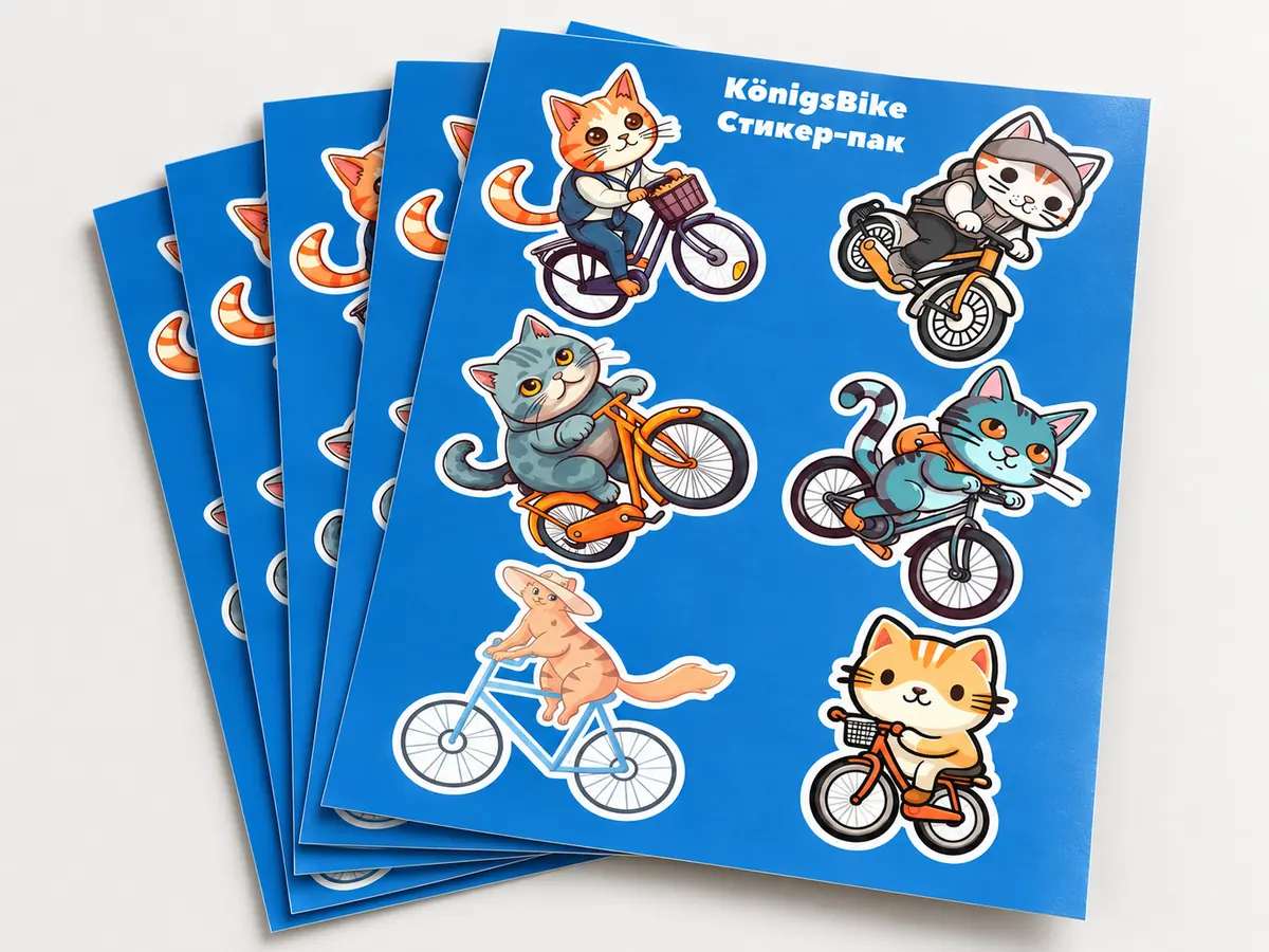 Стопка стикерпаков KönigsBike с котиками на велосипедах и оформлением всего листа